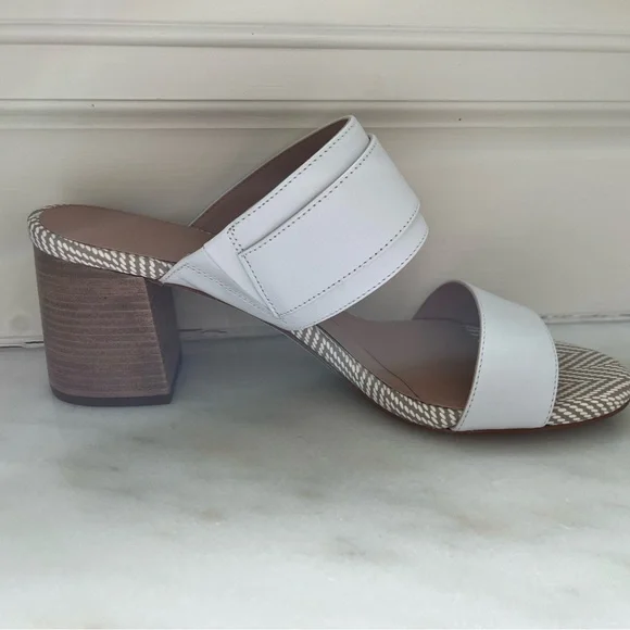 Cole Haan Size 9 Stacked Block Heel Slides White Woven Matte Gold Buckle NWB - Picture 6 of 9